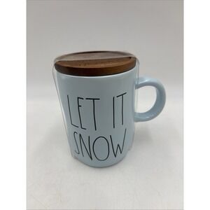 ❄️ RAE DUNN "Let It Snow" Blue Mug With Snowflake Wood Lid/Coaster ❄️